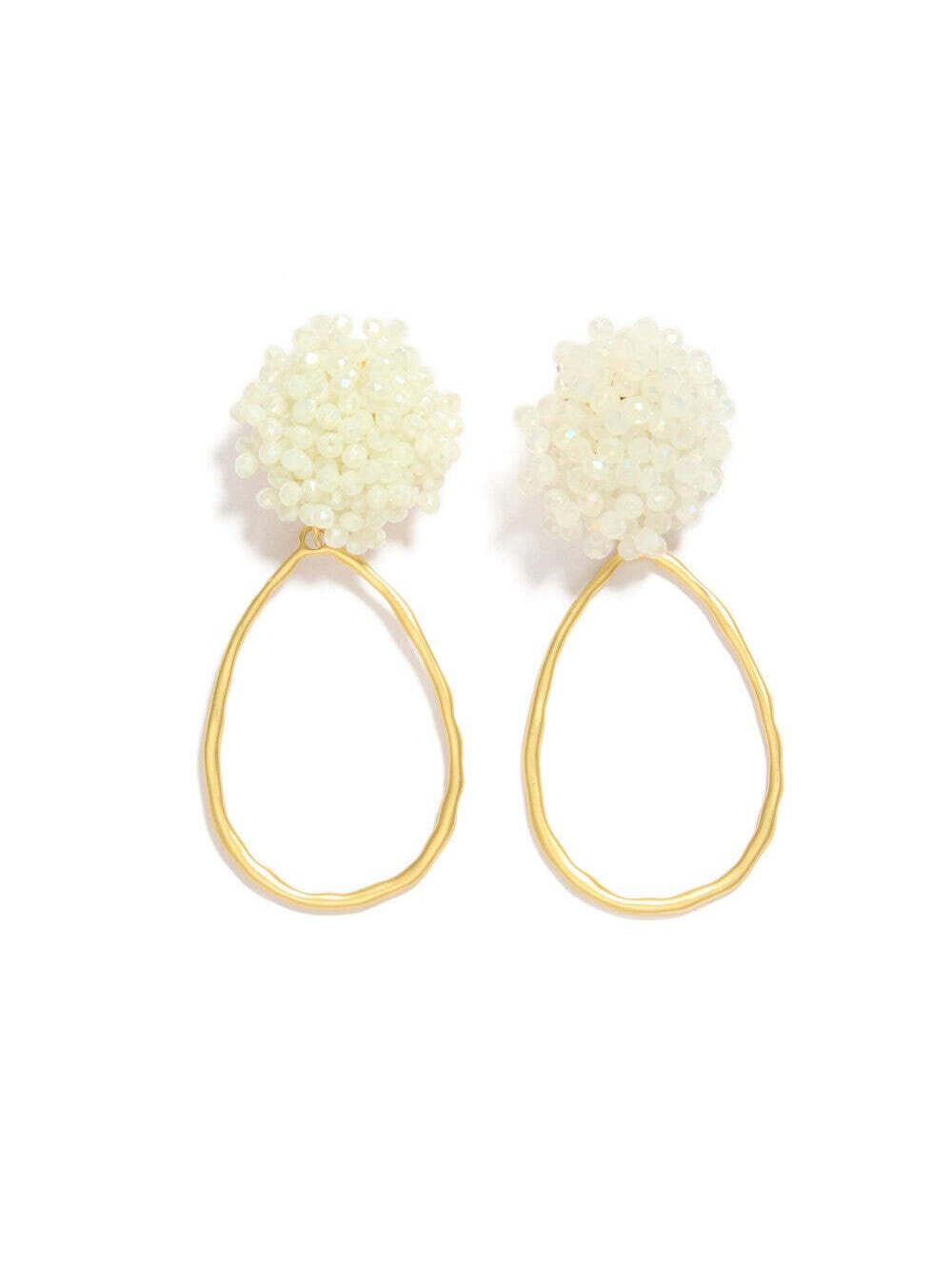 White Beaded Cluster Teardrop Earrings Gold Hammered Drop Statement